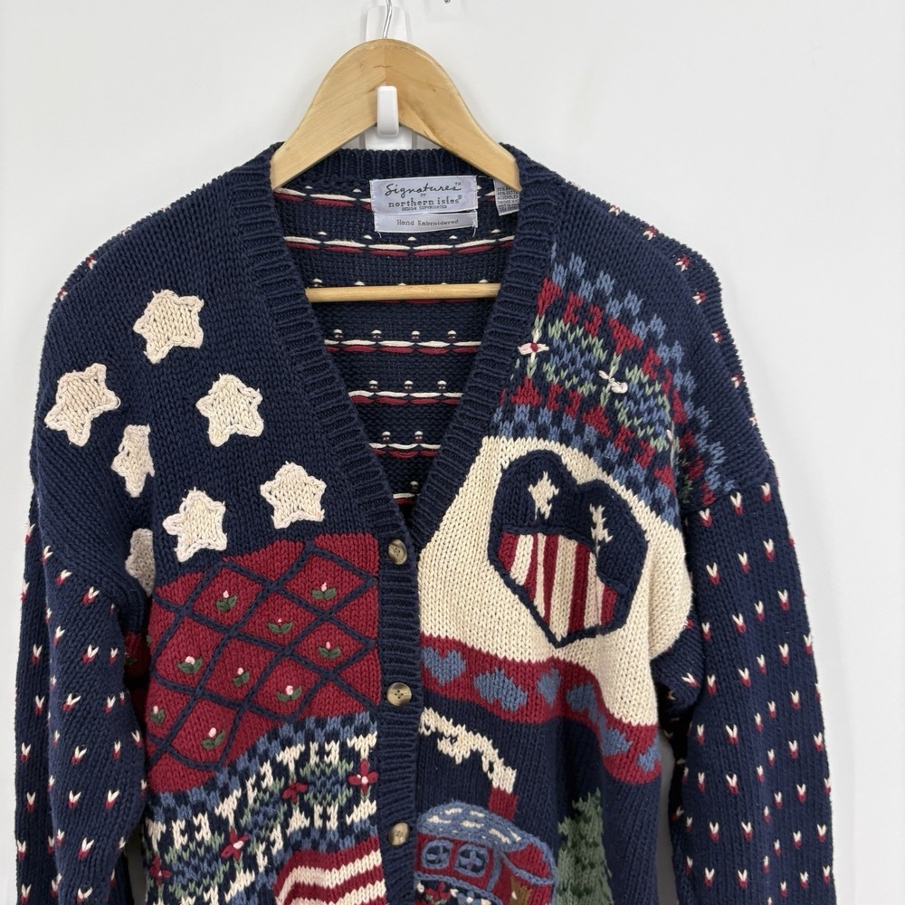 Vintage Northern Isles Hand Knit Sweater XLarge USA Patchwork 90s American Flag - Picture 3 of 10